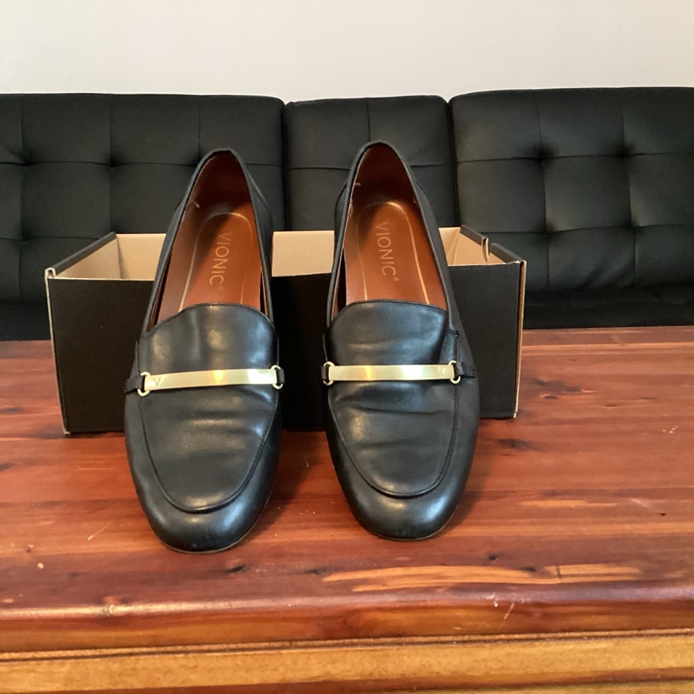 Vionic Black Loafers with Gold Accent Bar